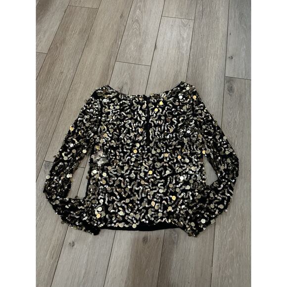 Alice + Olivia Pixie Gold Sequined Black Silk Top Zip Back XS - Picture 3 of 11